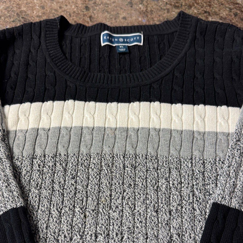 Karen Scott Striped Cable Knit Crewneck